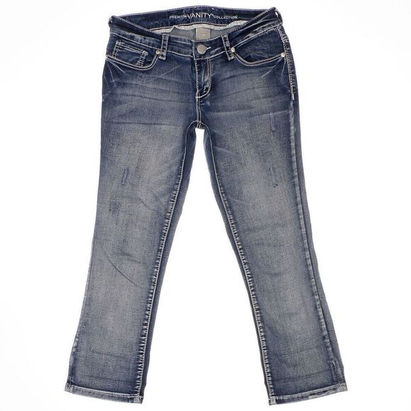 Vanity Cropped Jeans Size 27 Womens Distressed Sequin Blue Denim Stretch 28x24 - Picture 1 of 11